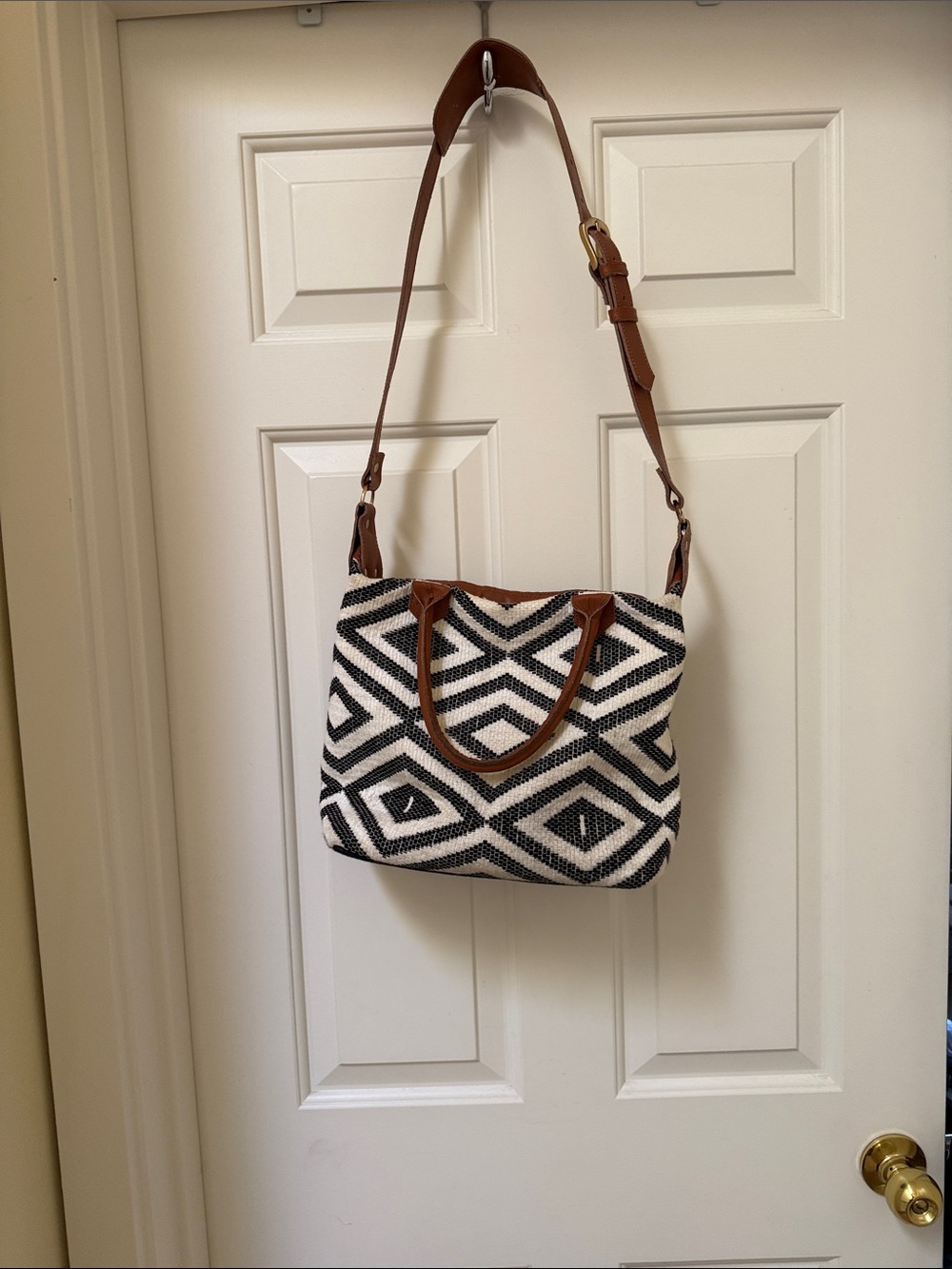 tribe alive Black & White Woven Geometric Shoulder Bag with Tan Accents